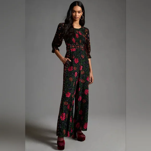 ☆SOLD☆ Farm Rio Anthropologie Smocked Jumpsuit In Black Motif Sz Extra Large - Picture 1 of 8